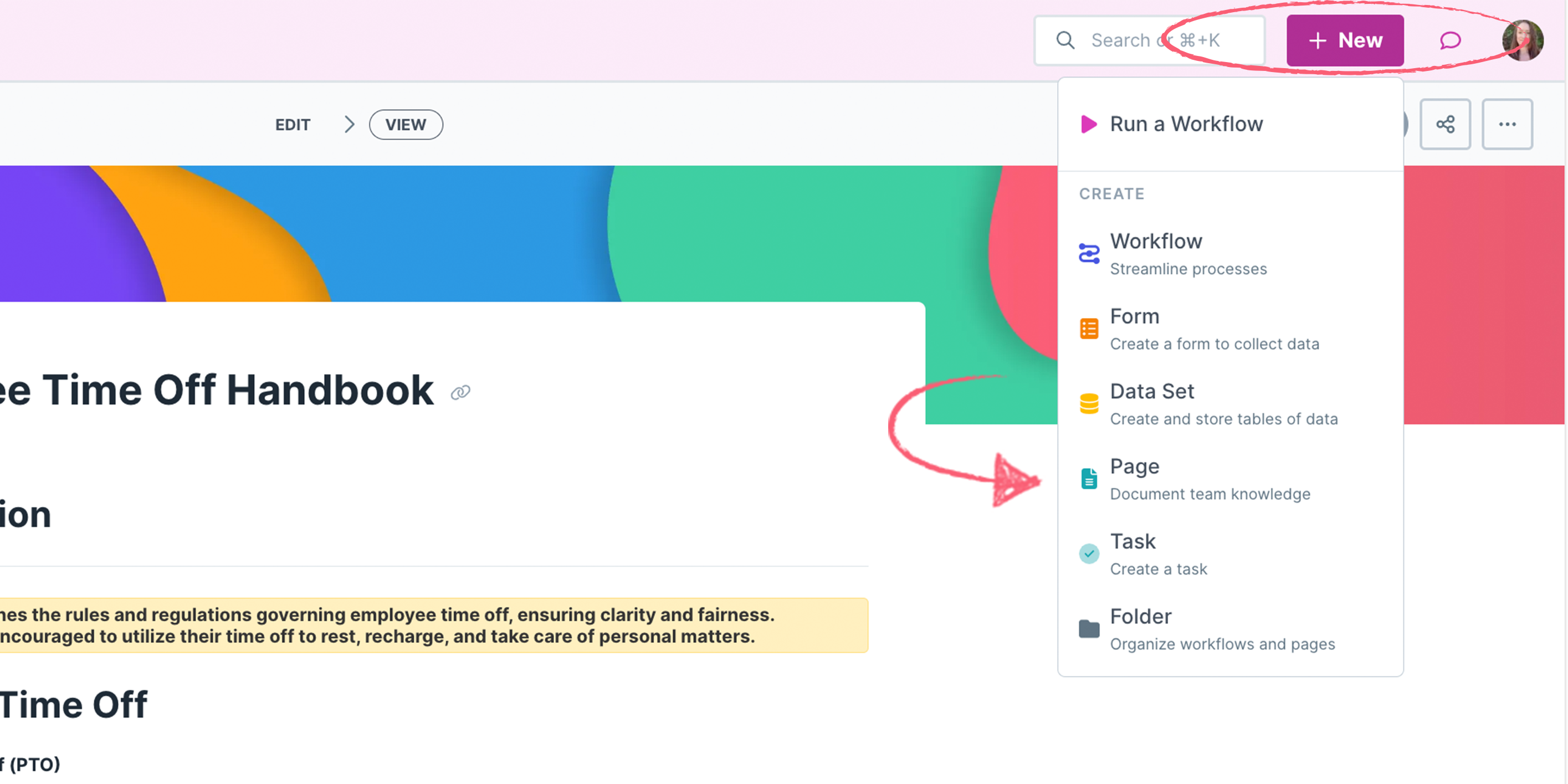 Click new to create a page