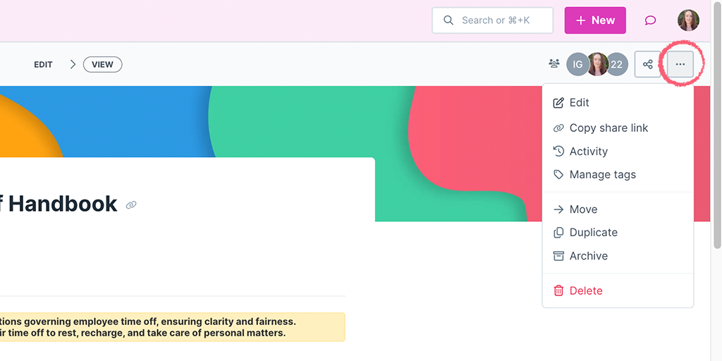 Menu options on a page